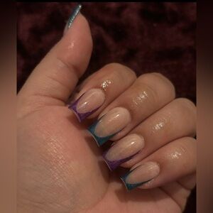 Short square press on nails blue purple glitter handmade custom